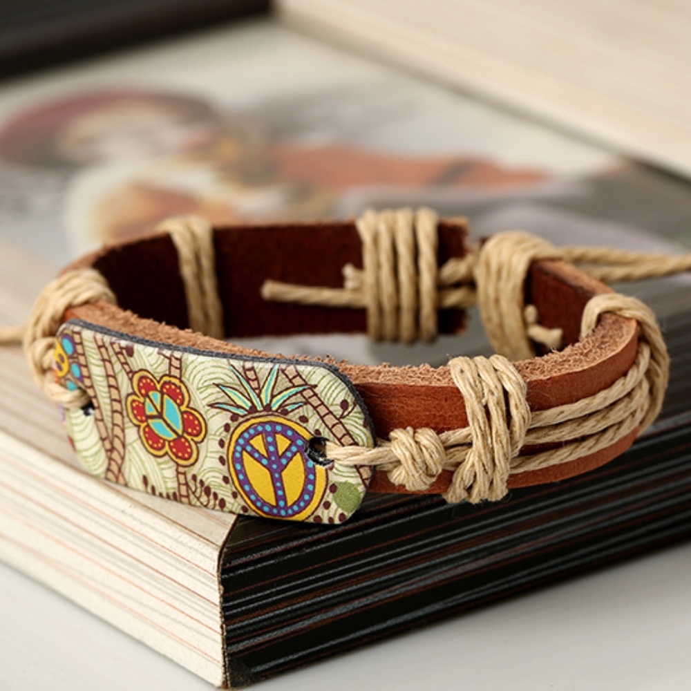 Boho Gypsy Peace Vintage Leather Bangle Bracelet - Picture 2 of 6